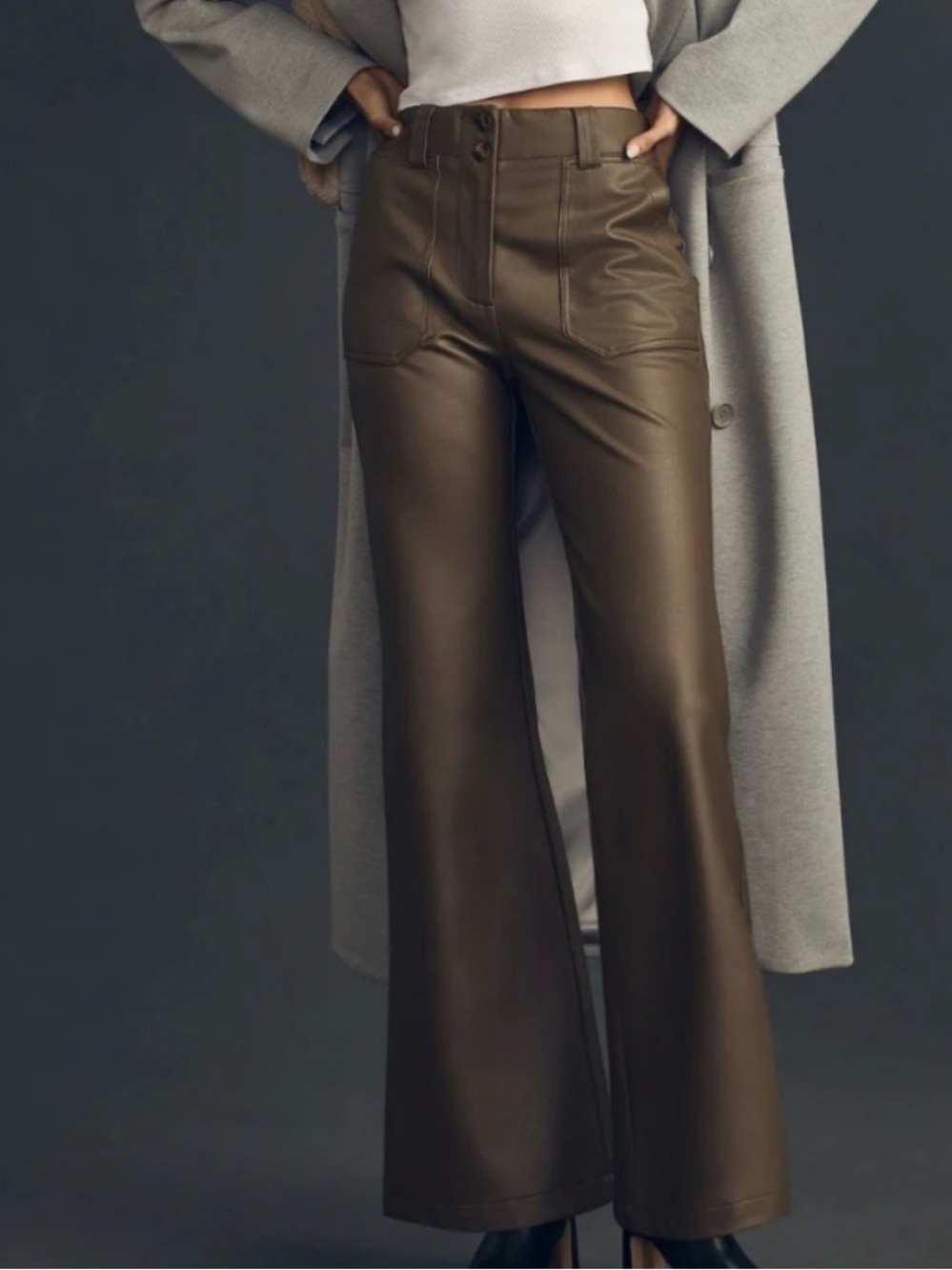 Maeve Light Brown Faux Leather Wide-Leg Pants - 8 Tall